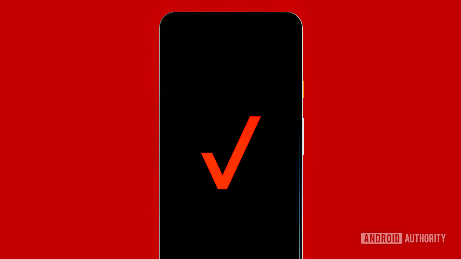 A stock photo of the Verizon logo on a dark phone screen against a solid red background.