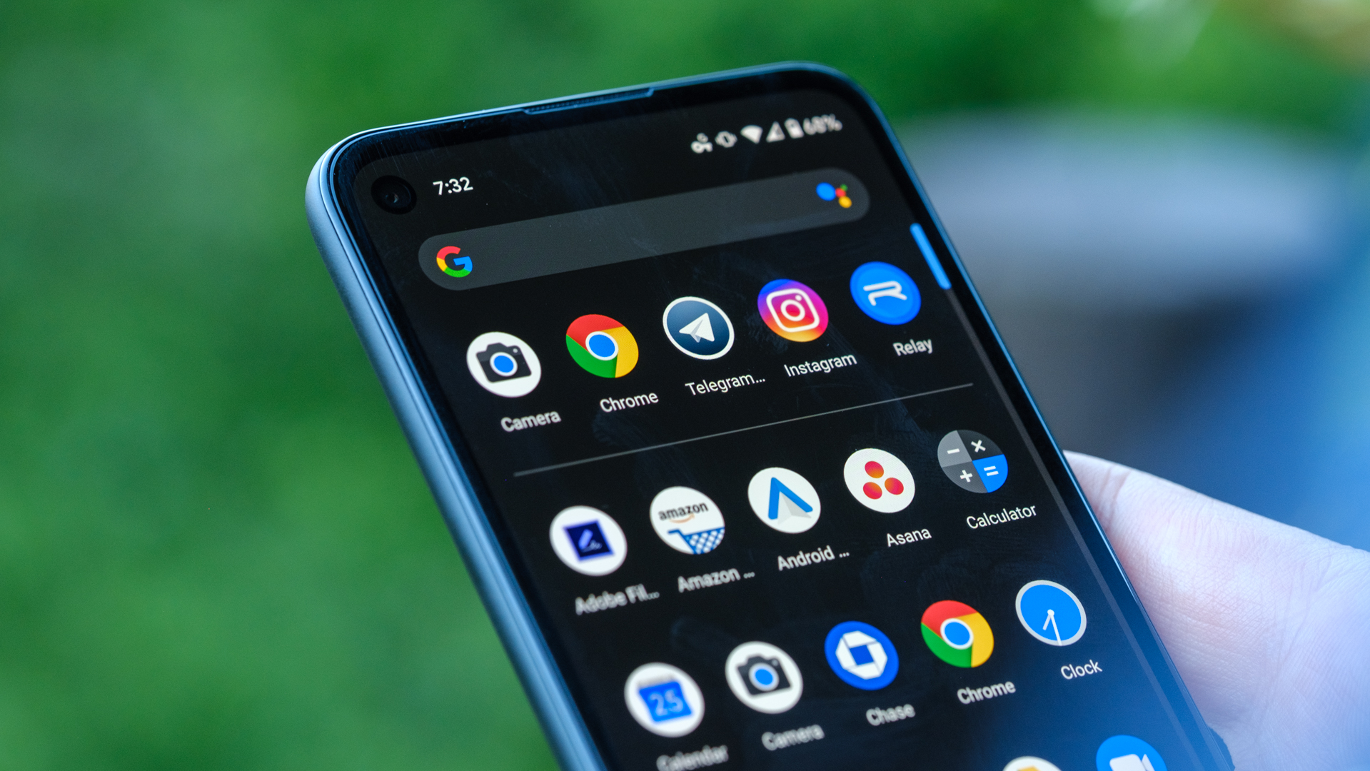 Google Pixel 4a upper half of display with apps