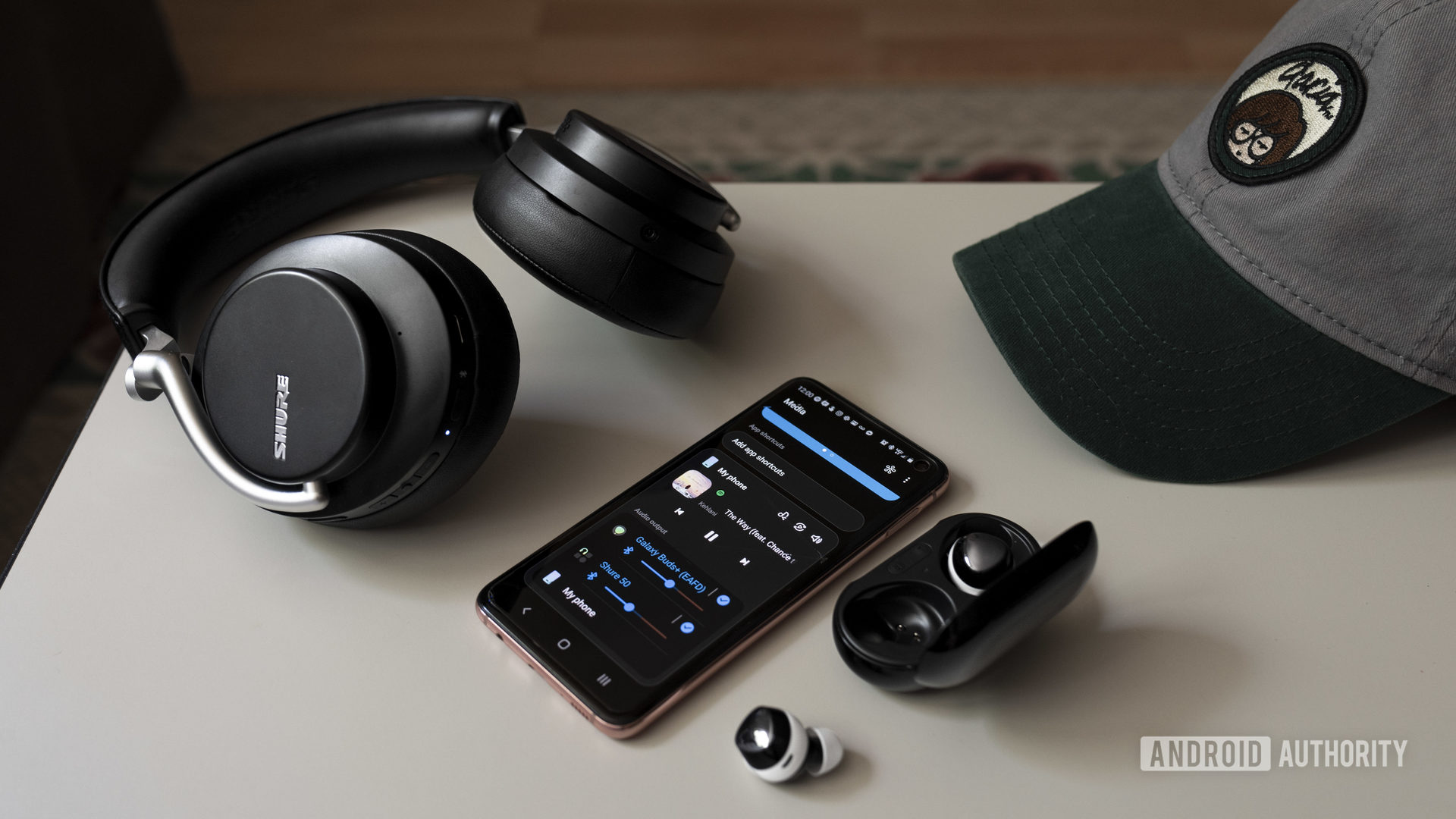 Samsung Dual Audio outputting from a Samsung Galaxy S10e smartphone to the Galaxy Buds Plus and Shure AOJNIC 50.