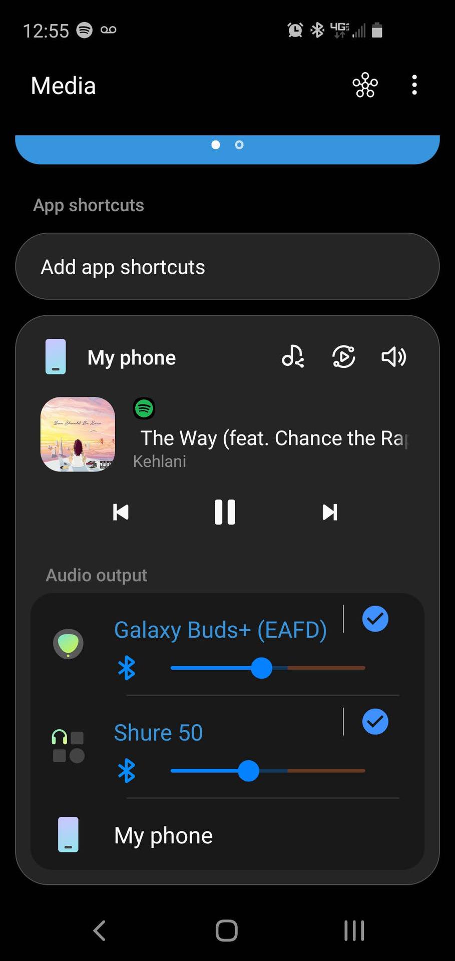Samsung Dual Connect screenshot in the Media menu with a Spotify song outputting to two separate devices.
