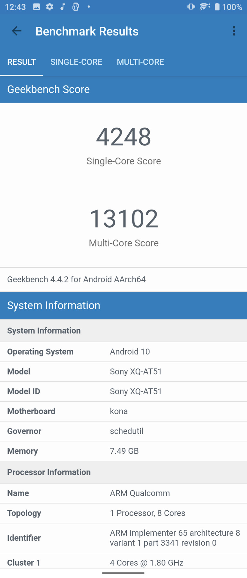Sony Xperia 1 II Geekbench 4 score