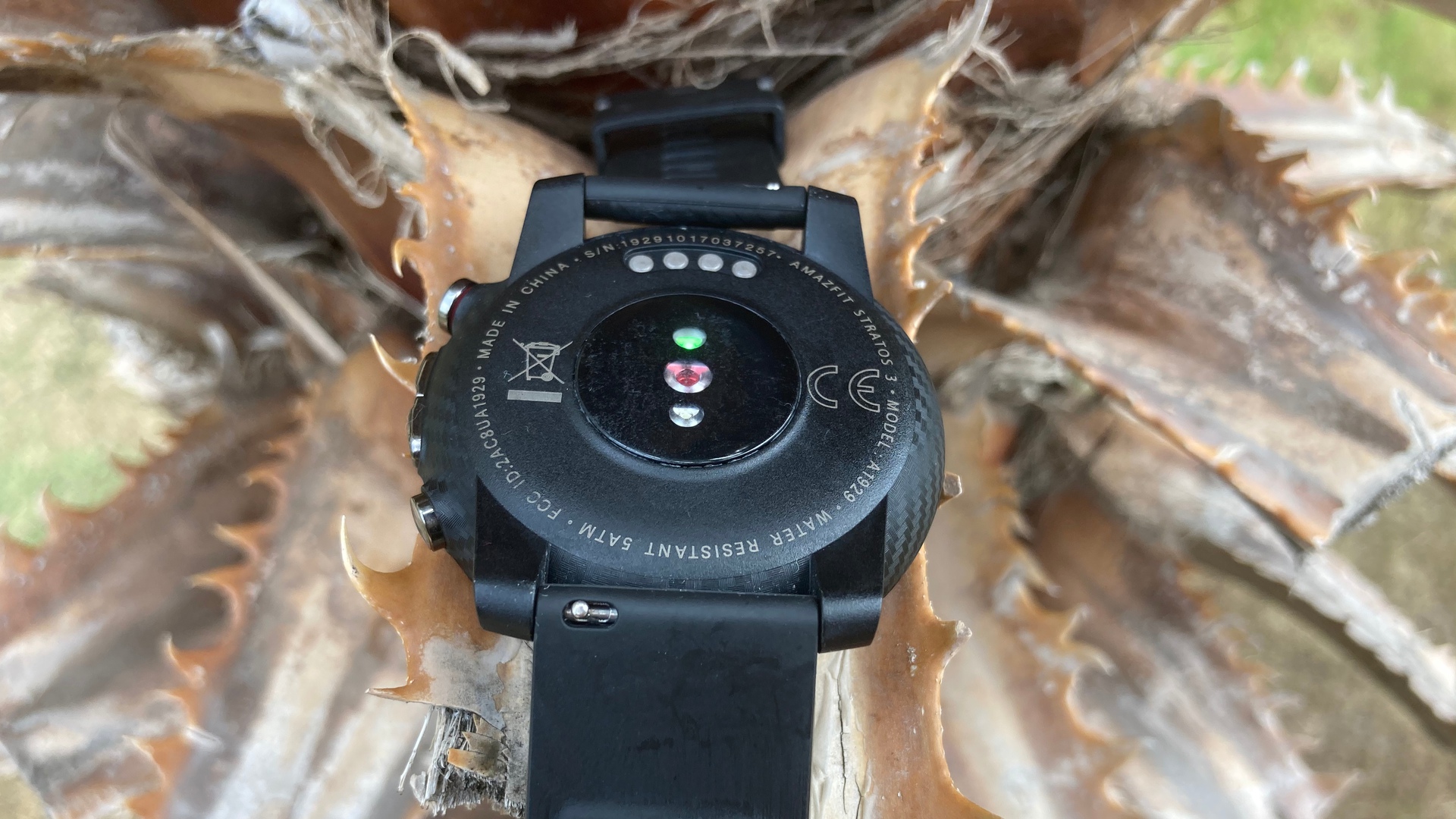 An image showing the backside of the Amazfit Stratos 3 back with heart rate sensor visible