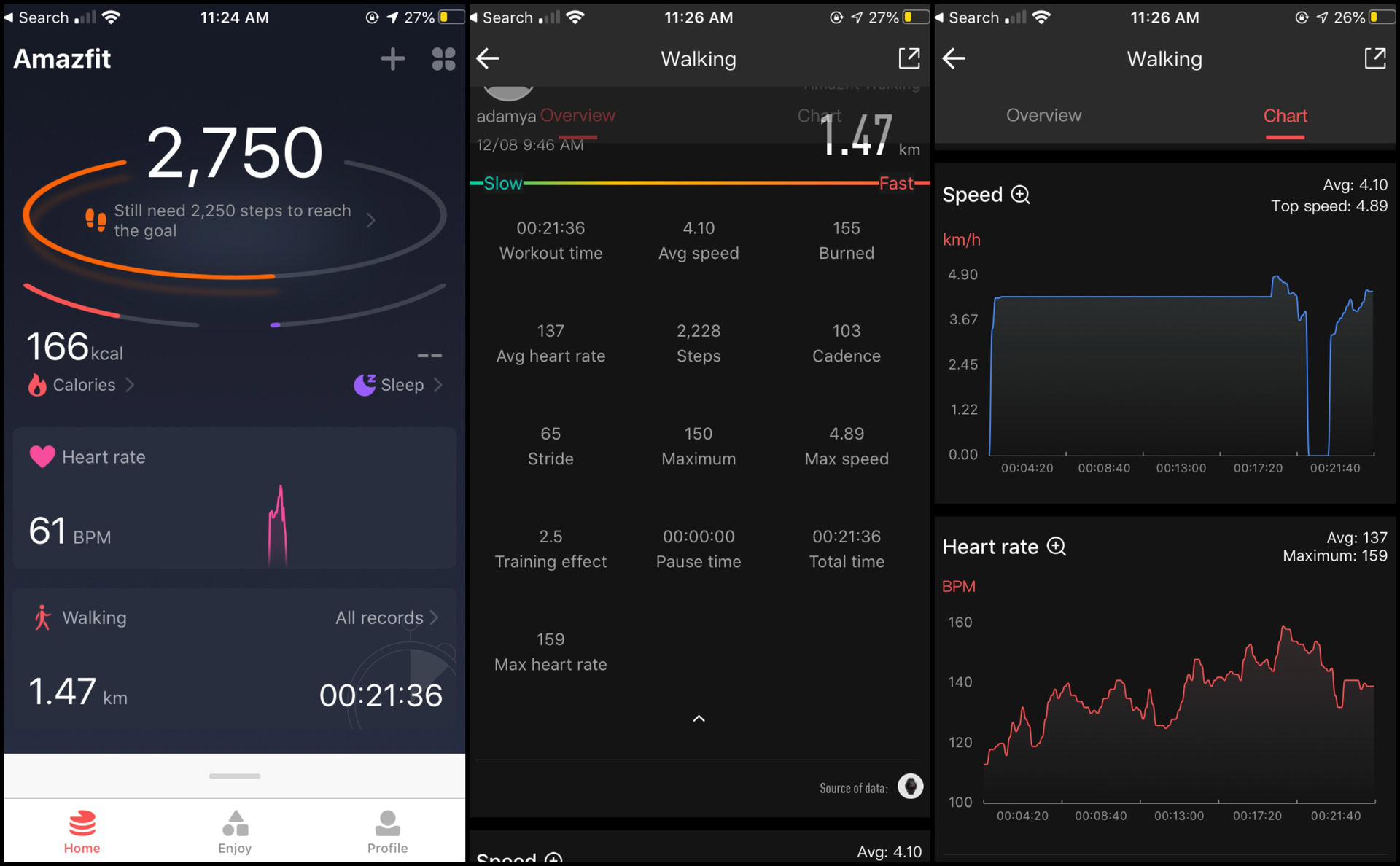 Amazfit Stratos 3 tracking stats for walking