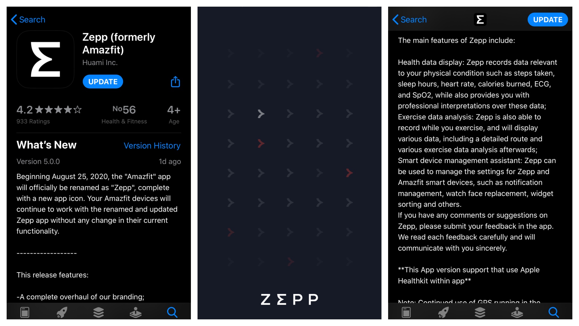 Screenshots of Huami's Amazfit app rebranded as Zepp App