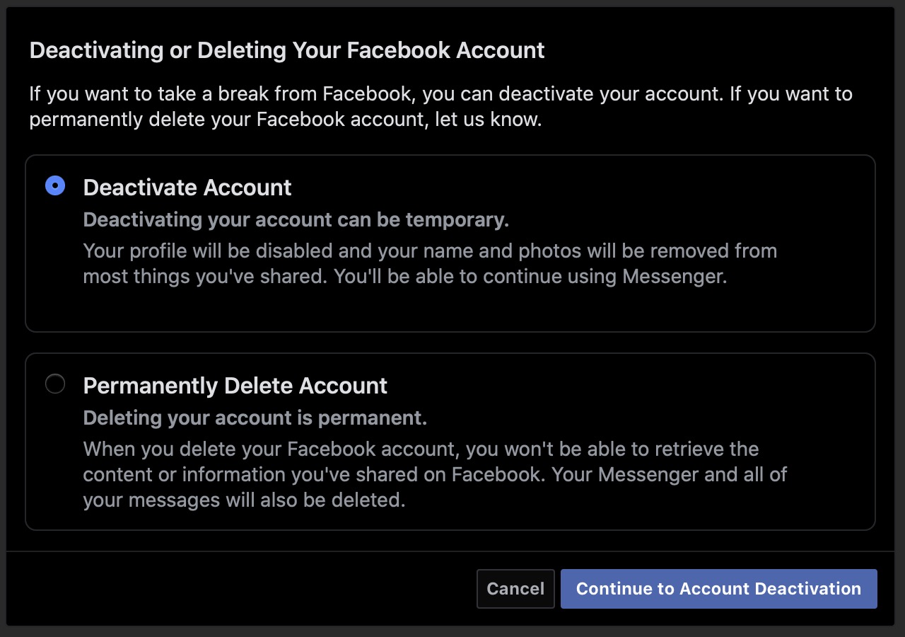 Удалить Facebook или деактивировать учетную запись