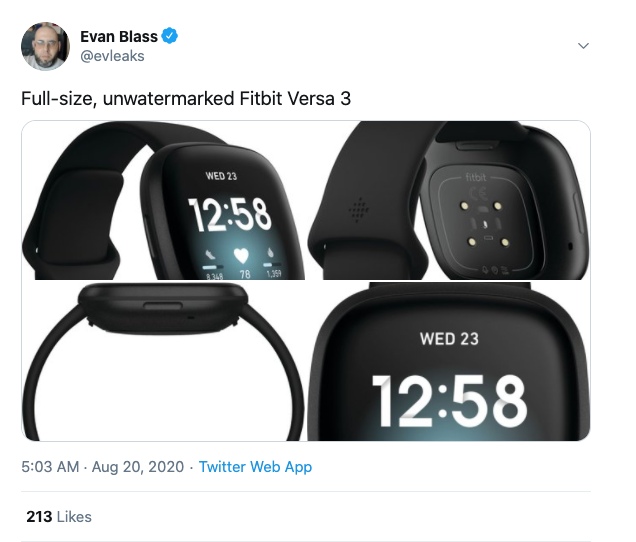 Evan Blass Tweet Fitbit Versa 3 Renders Leaks