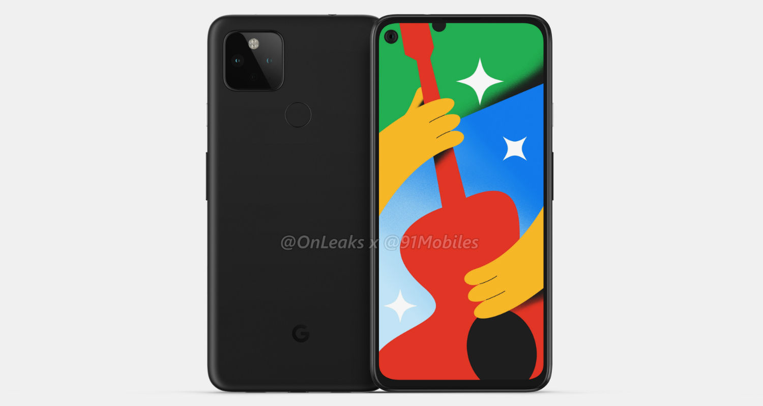 Leaked render of the Google Pixel 4a 5G showing the front and back of the phone