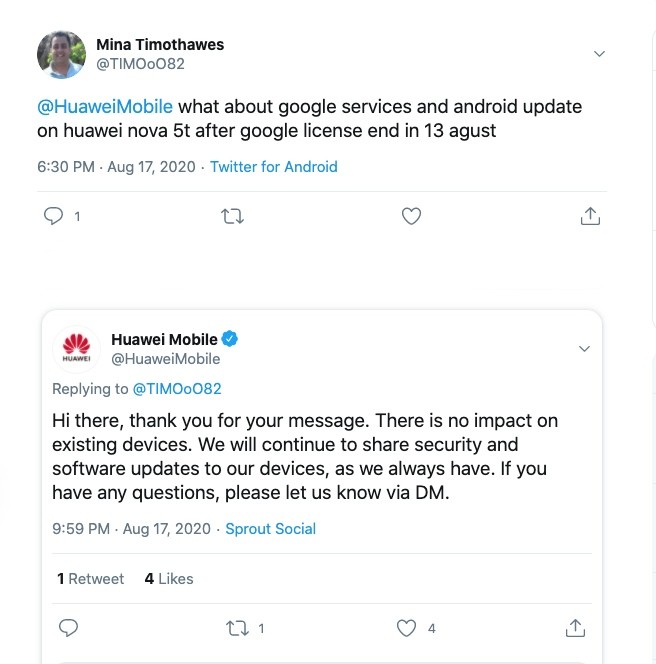 Huawei Twitter Response To Updates For Phones With GMS
