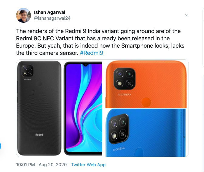 Screenshot of Xiaomi Redmi 9 model leak on Twitter by Ishan Agarwal