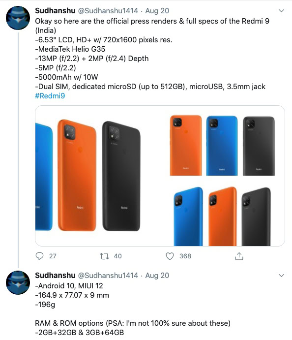 Screenshot of Xiaomi Redmi 9 model leak on Twitter by Sudhanshu Ambhore