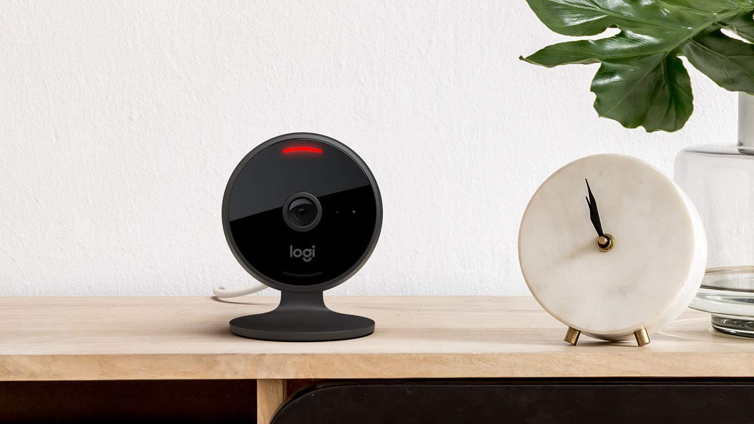 A Logitech Circle View security camera, compatible with Apple HomeKit