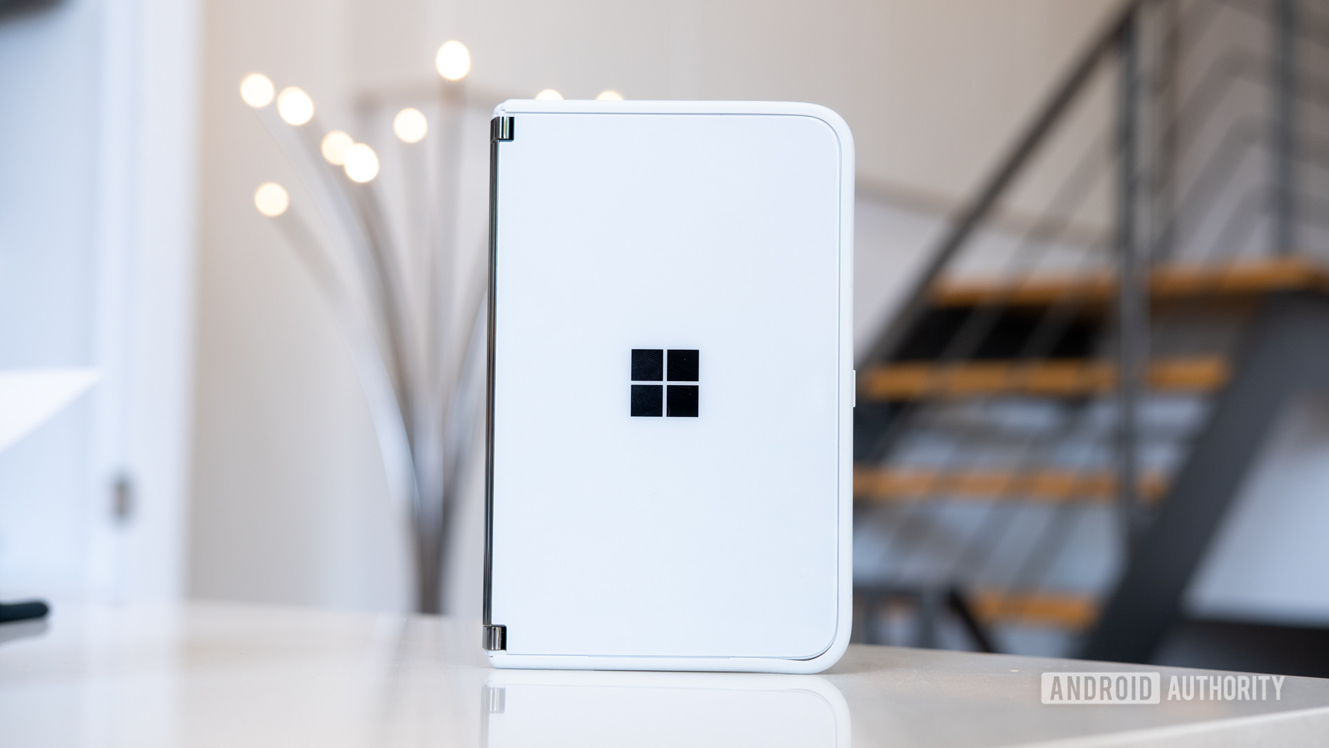 Microsoft Surface Duo with bumper standing stright