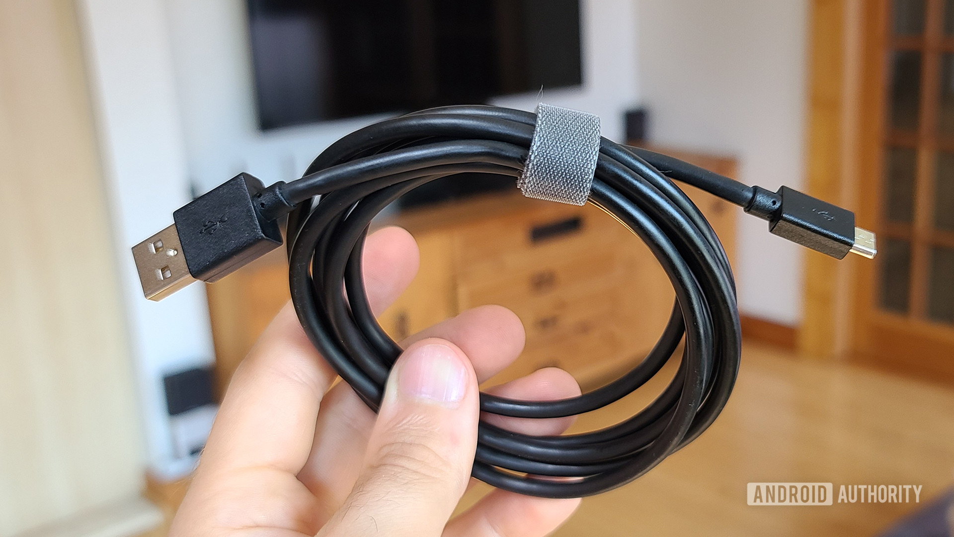 A hand holding a black, coiled up USB cable.