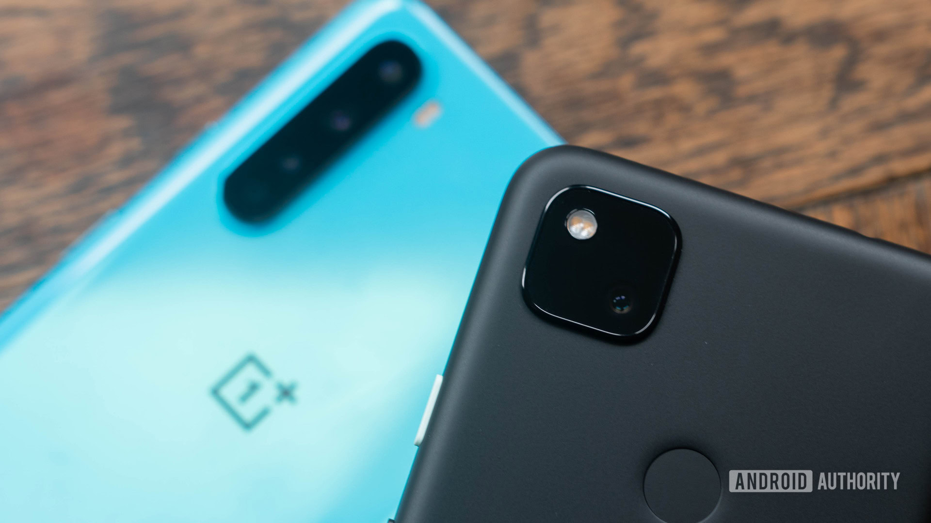 OnePlus Nord vs Pixel 4a Pixel in focus camera module against OnePlus Nord background