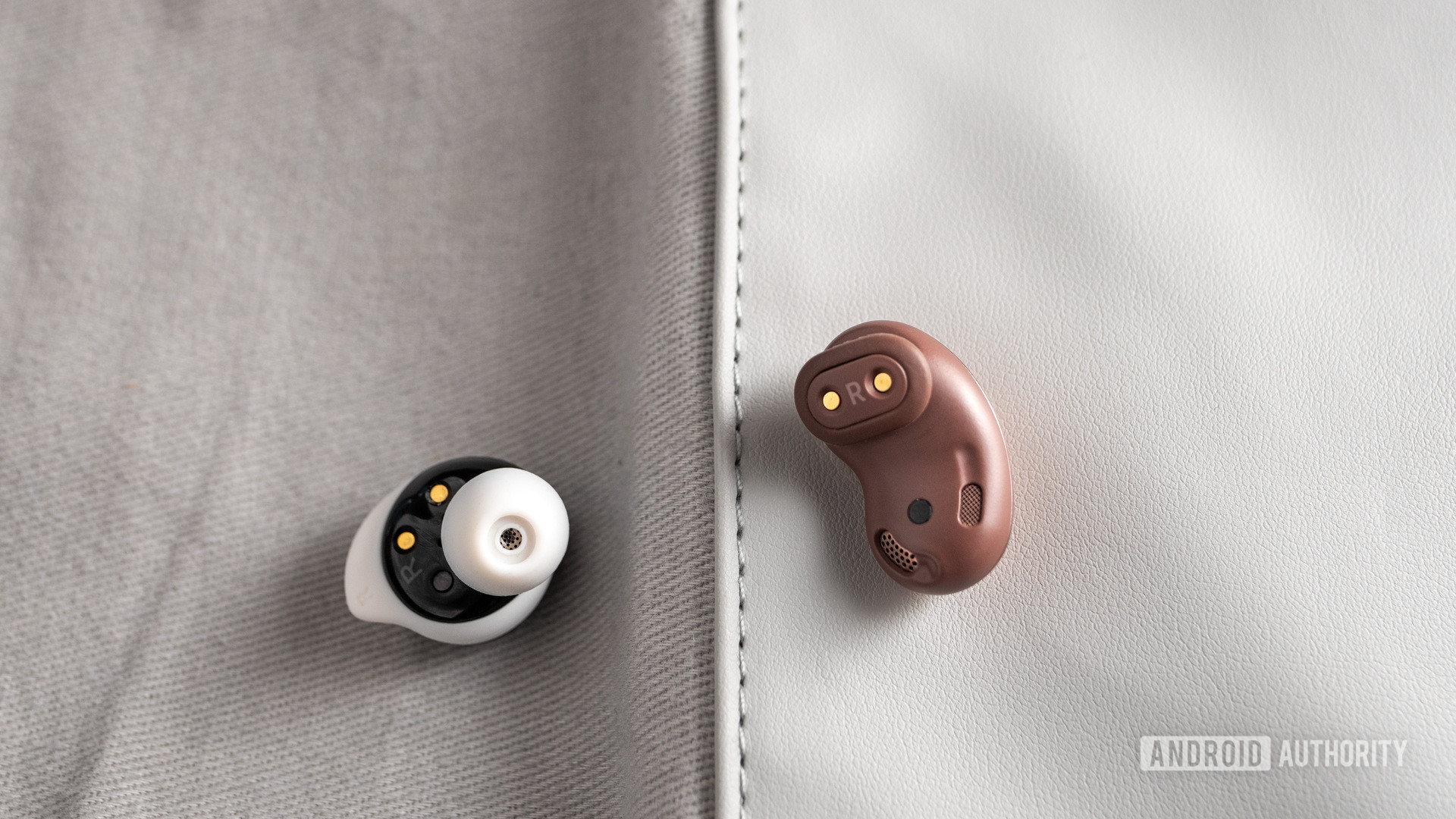 A picture of the Samsung Galaxy Buds Live noise cancelling true wireless earbuds next to the Samsung Galaxy Buds Plus.