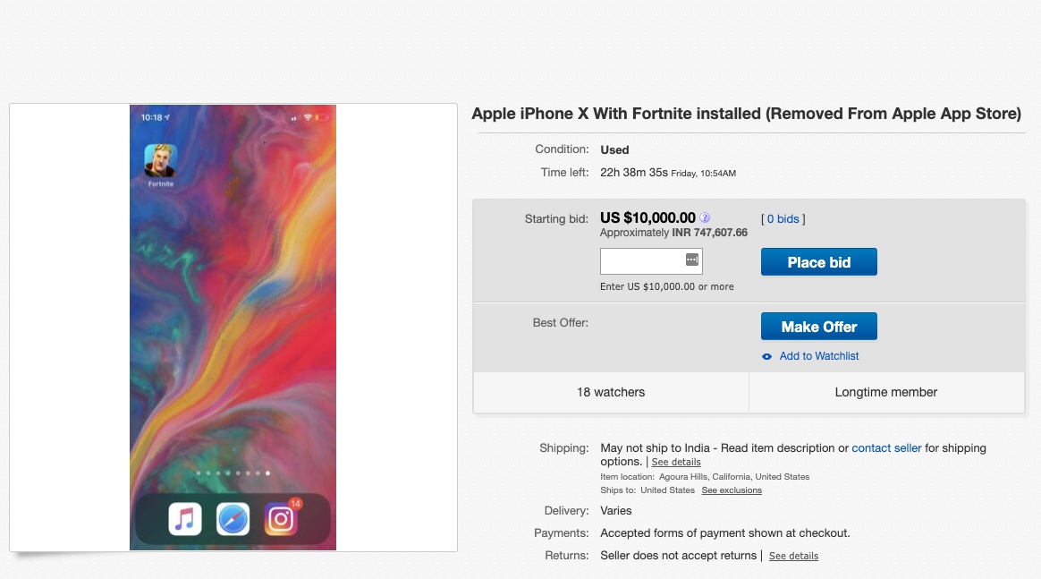 iPhone X With Fortnite Ebay Listing