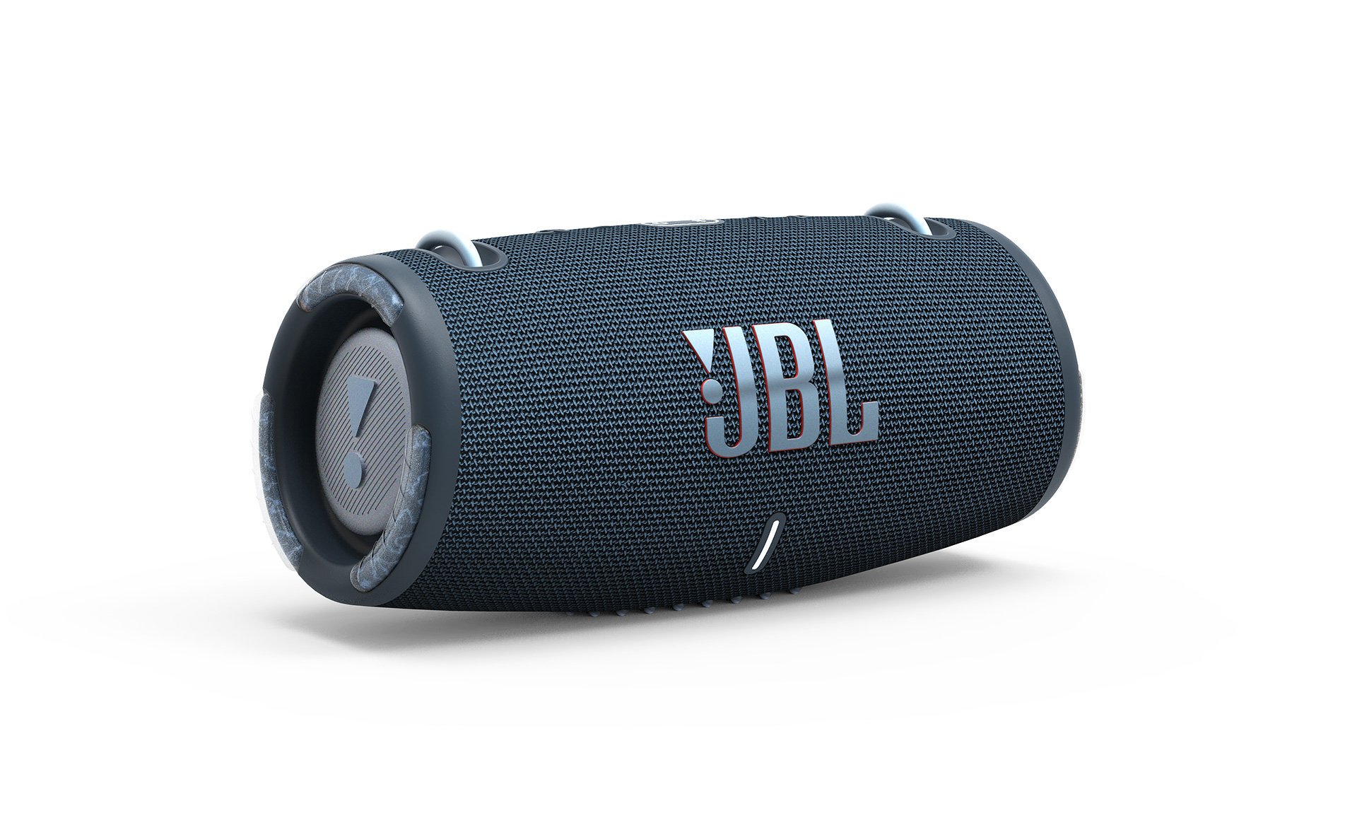 A product render of the jbl xtreme 3 water and dust-resistant speaker in navy against a white background.