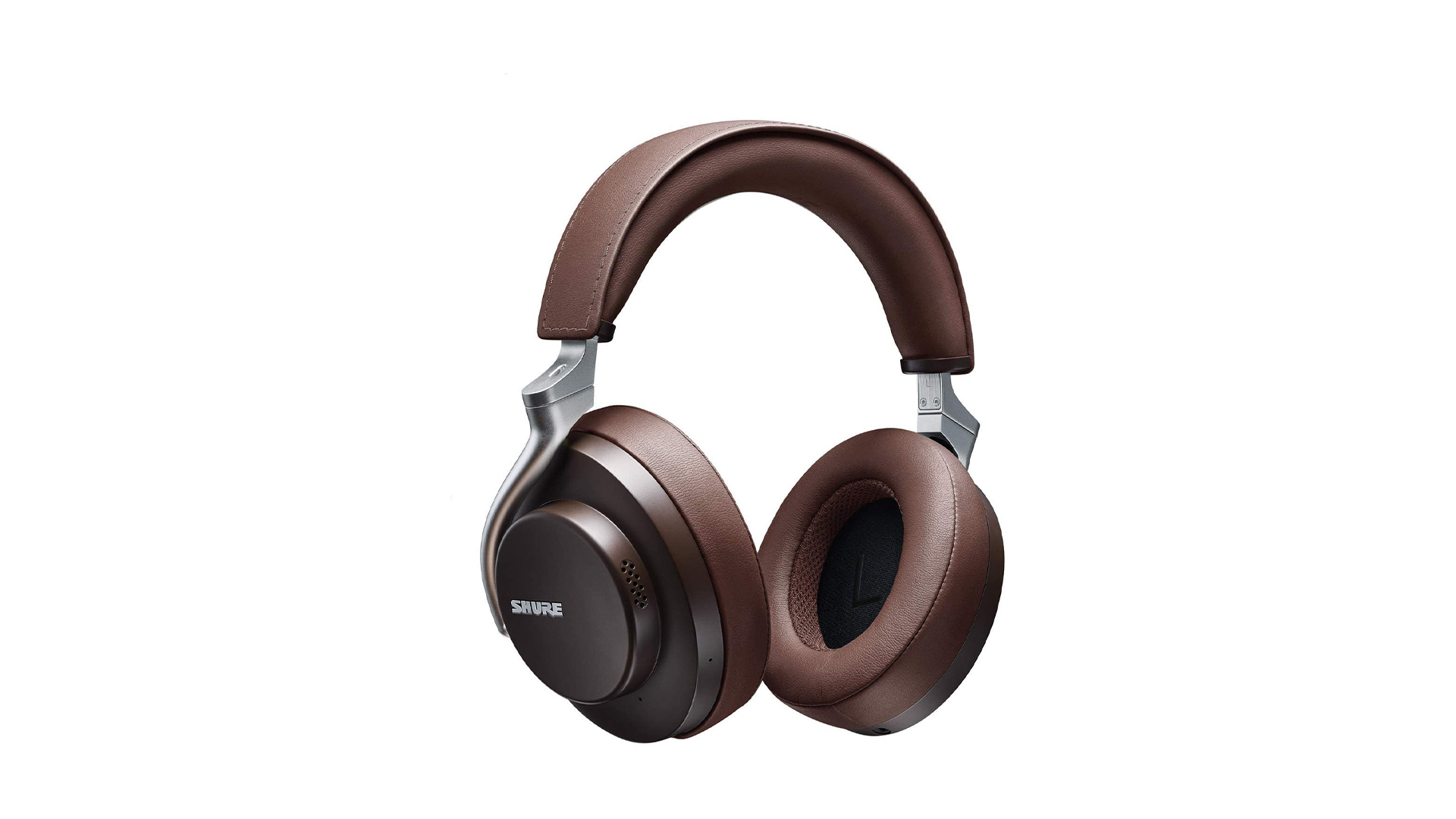 A product render of the Shure AONIC 50 noise cancelling headphones in brown.