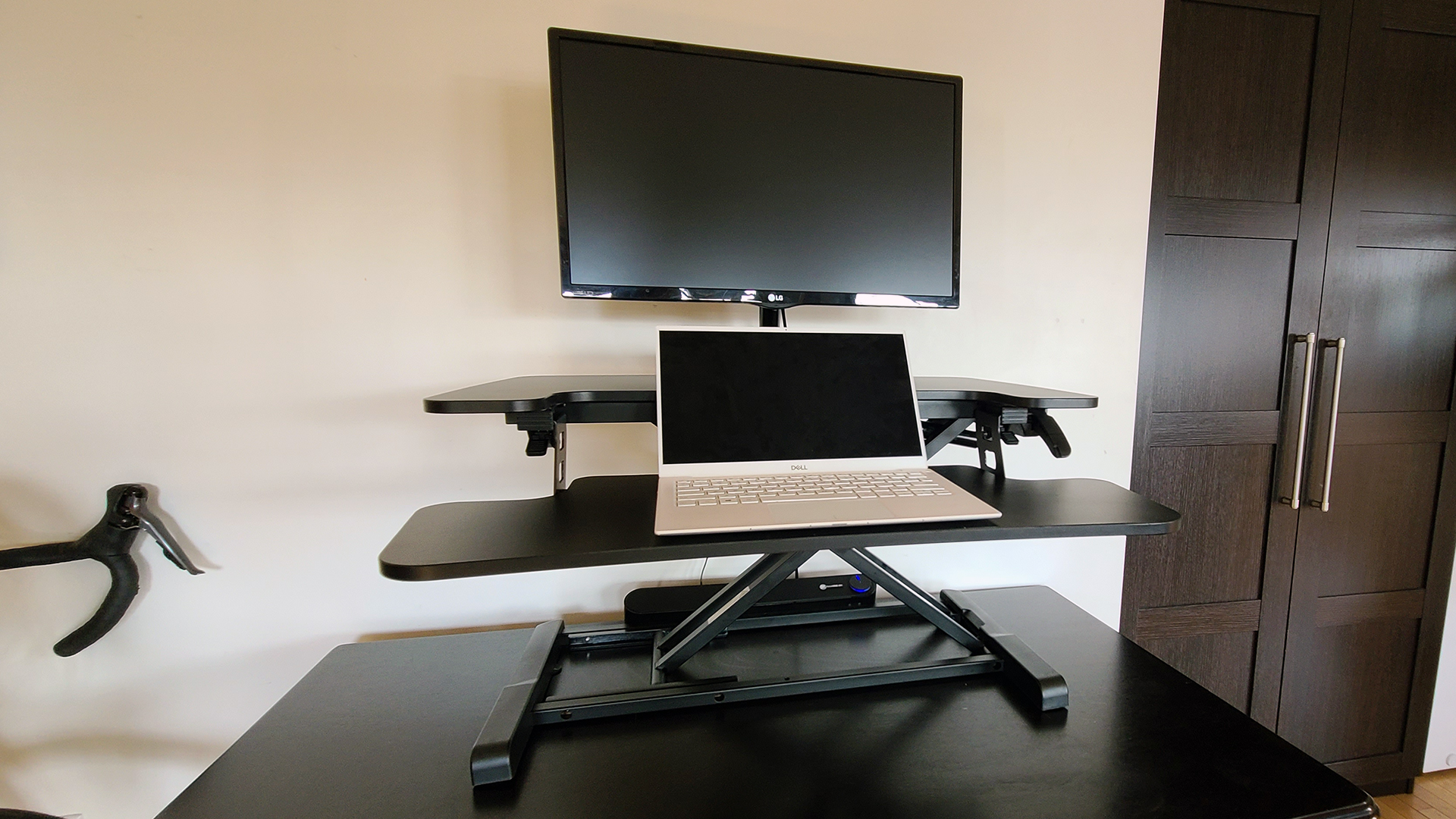 FlexiSpot M7B Review Standing Desk Converter on Desk with Laptop Up