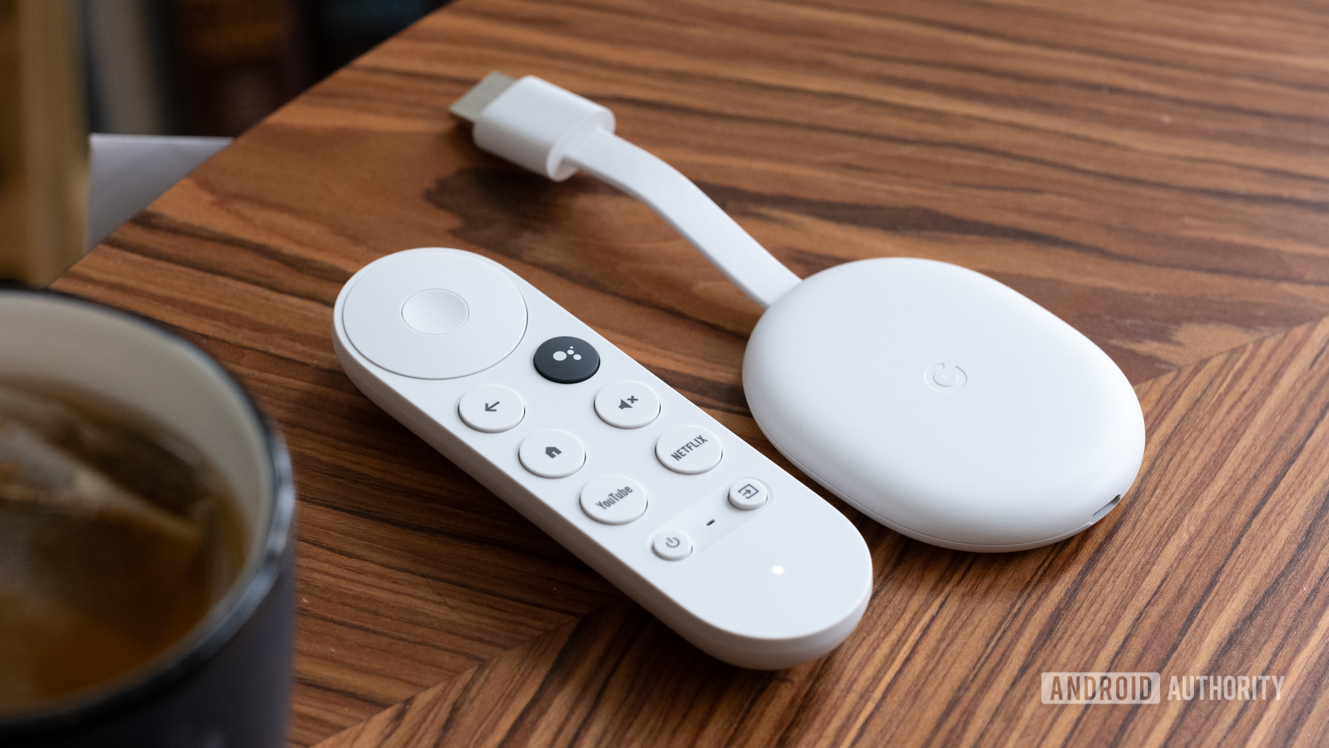 Google Chromecast with Google TV in a table-style photo
