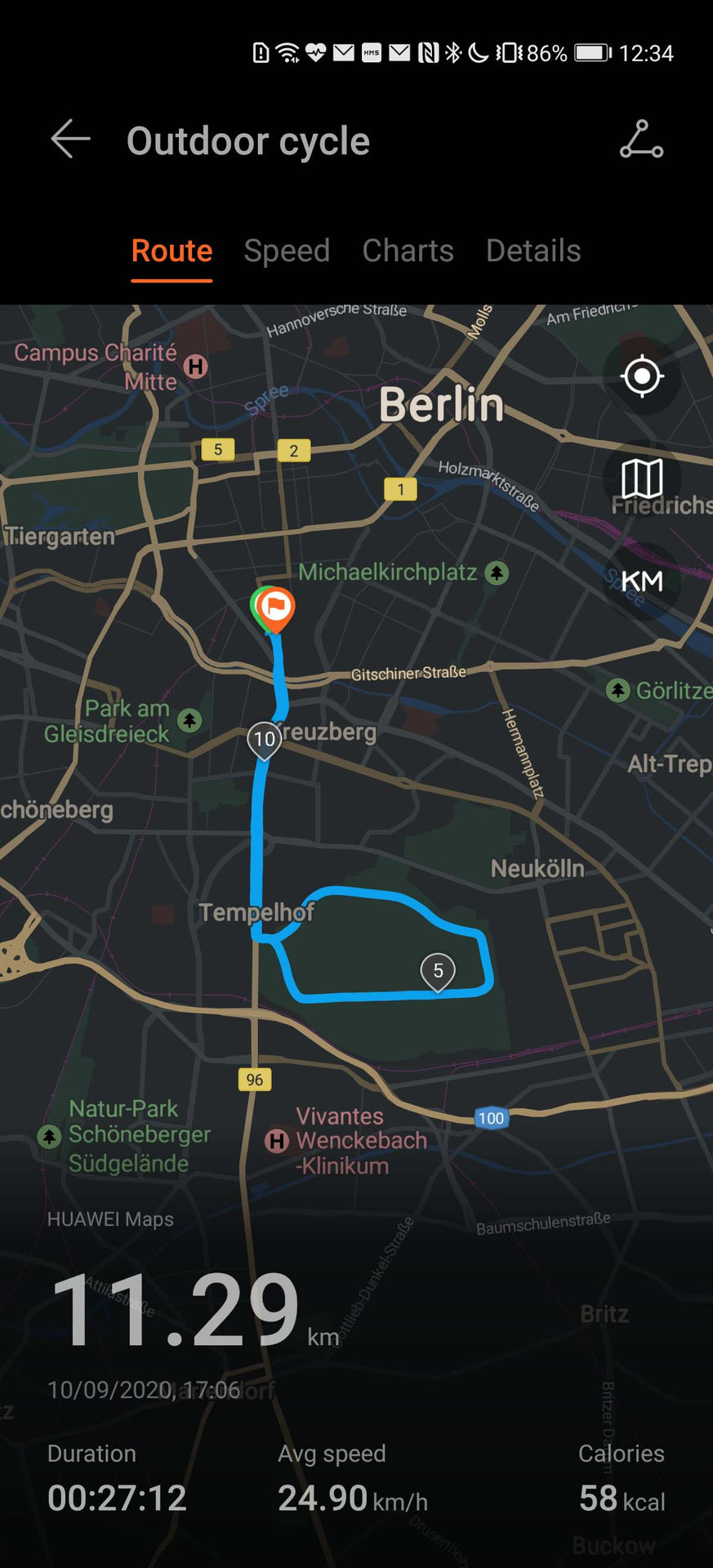 Huawei Health app bike ride route overview