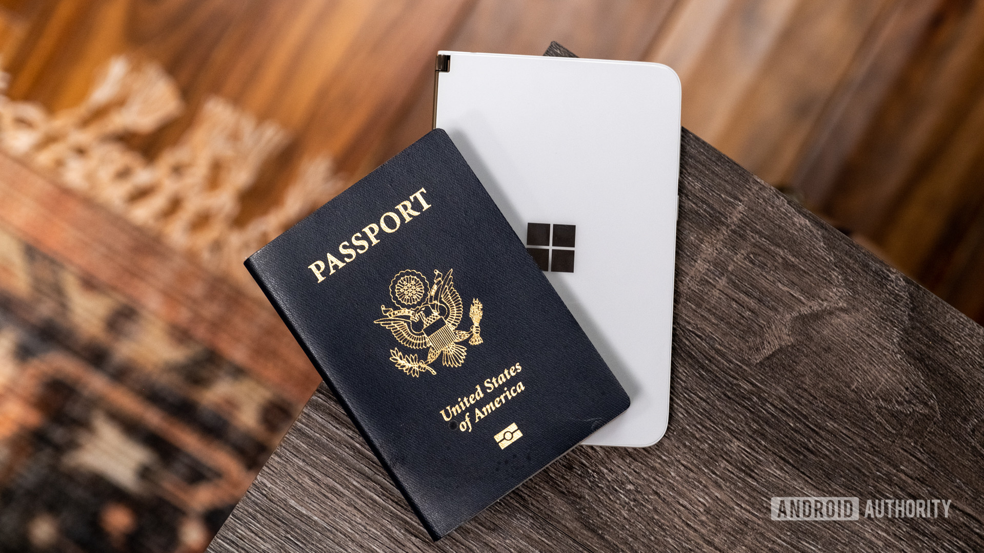 Microsoft Surface Duo next to passport 1