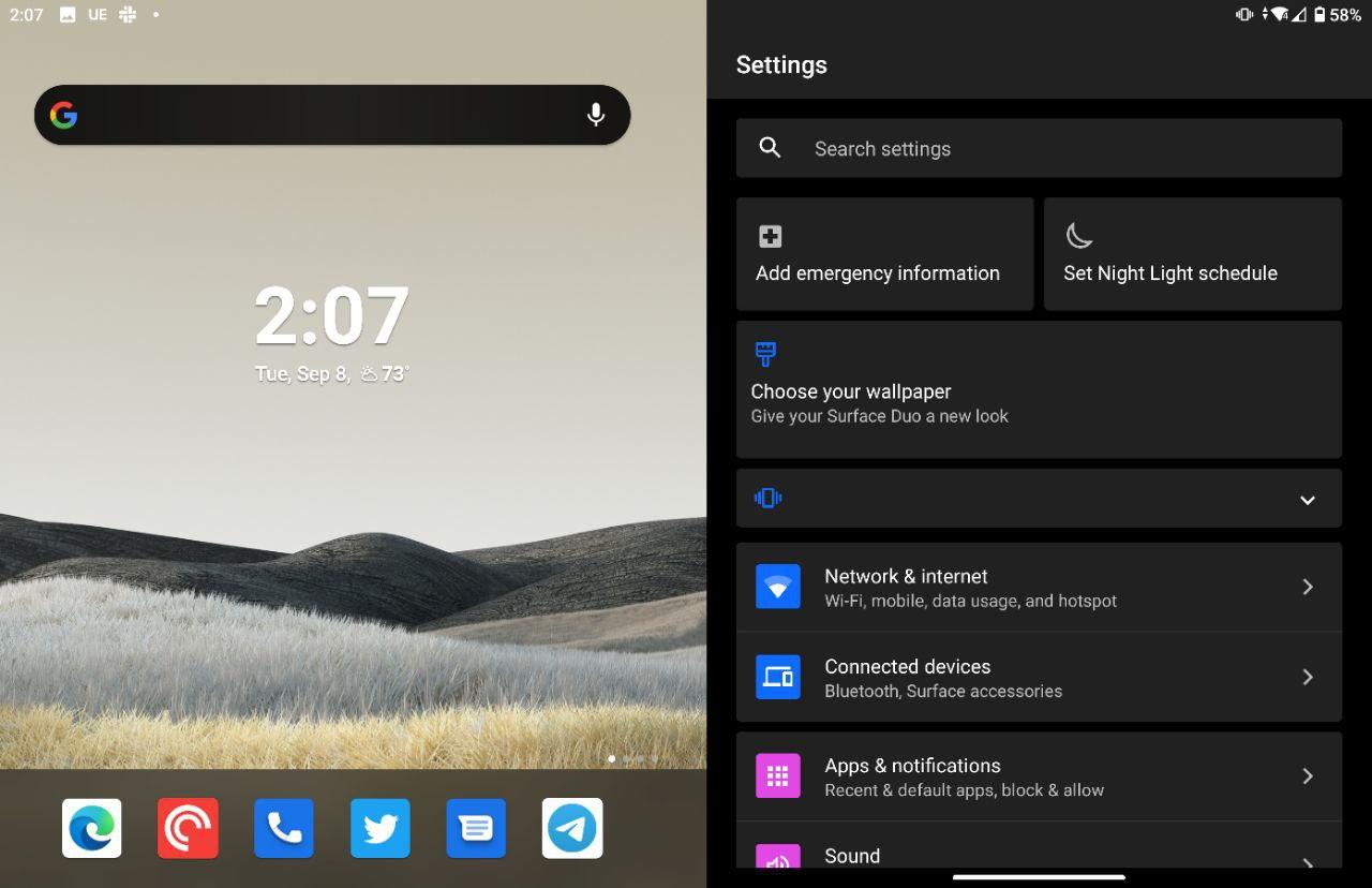 Microsoft Surface Duo settings menu
