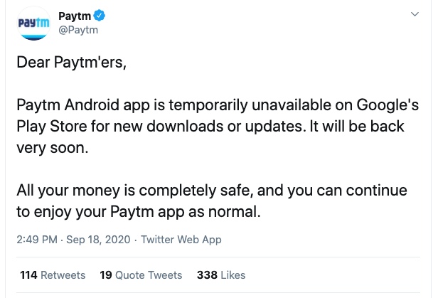 Paytm Google Play Store Removal Tweet