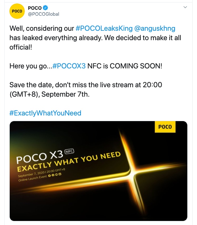 POCO X3 Launch announcement Tweet