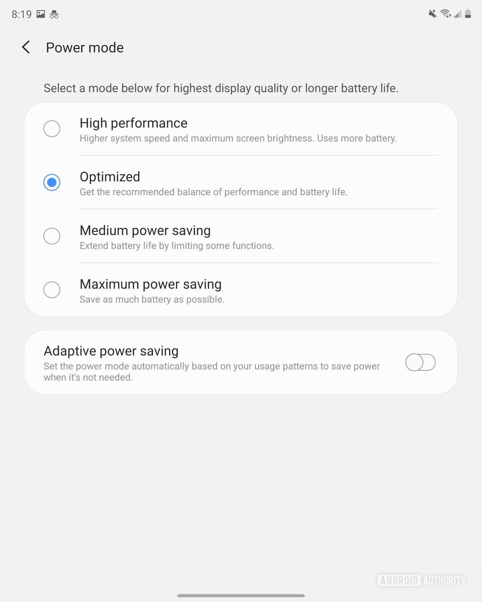 Samsung Galaxy Z Fold 2 Main Display Power mode