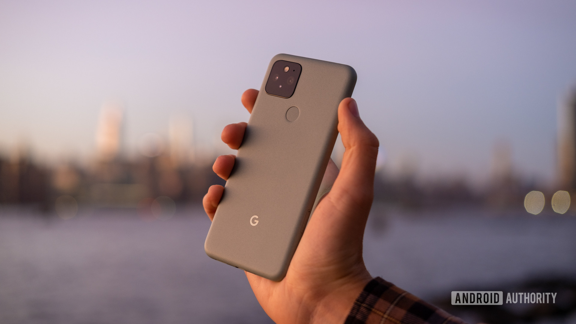 Google Pixel 5 in hand sunset back 3