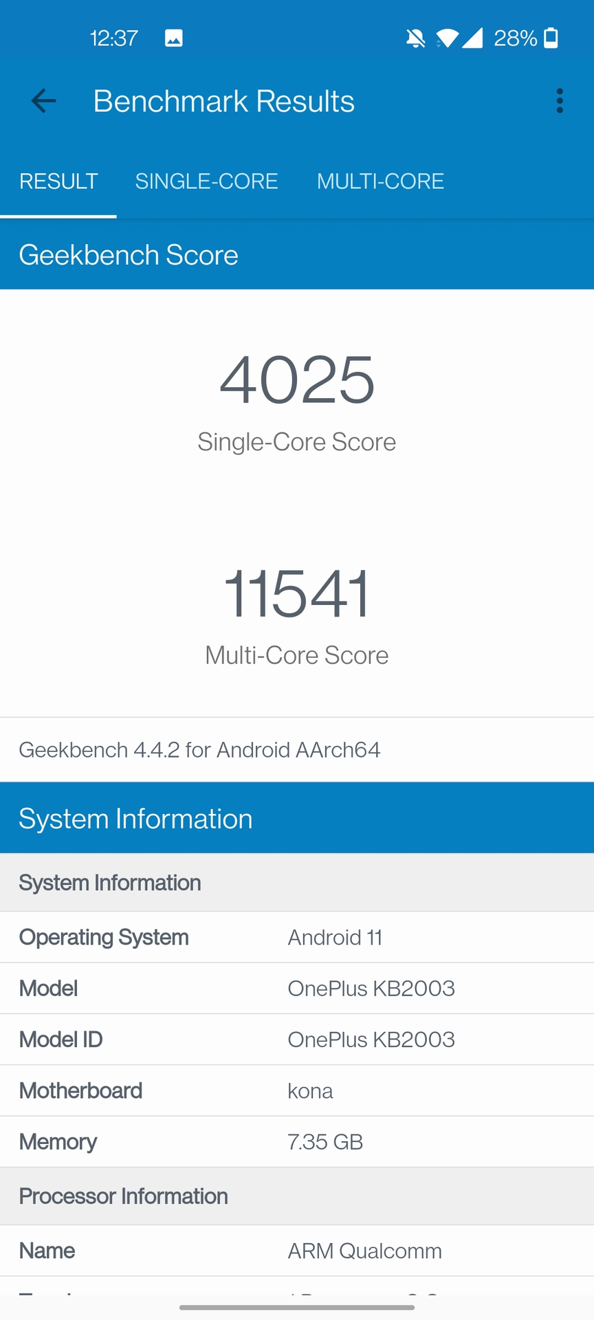 OnePlus 8T Geekbench 4 score