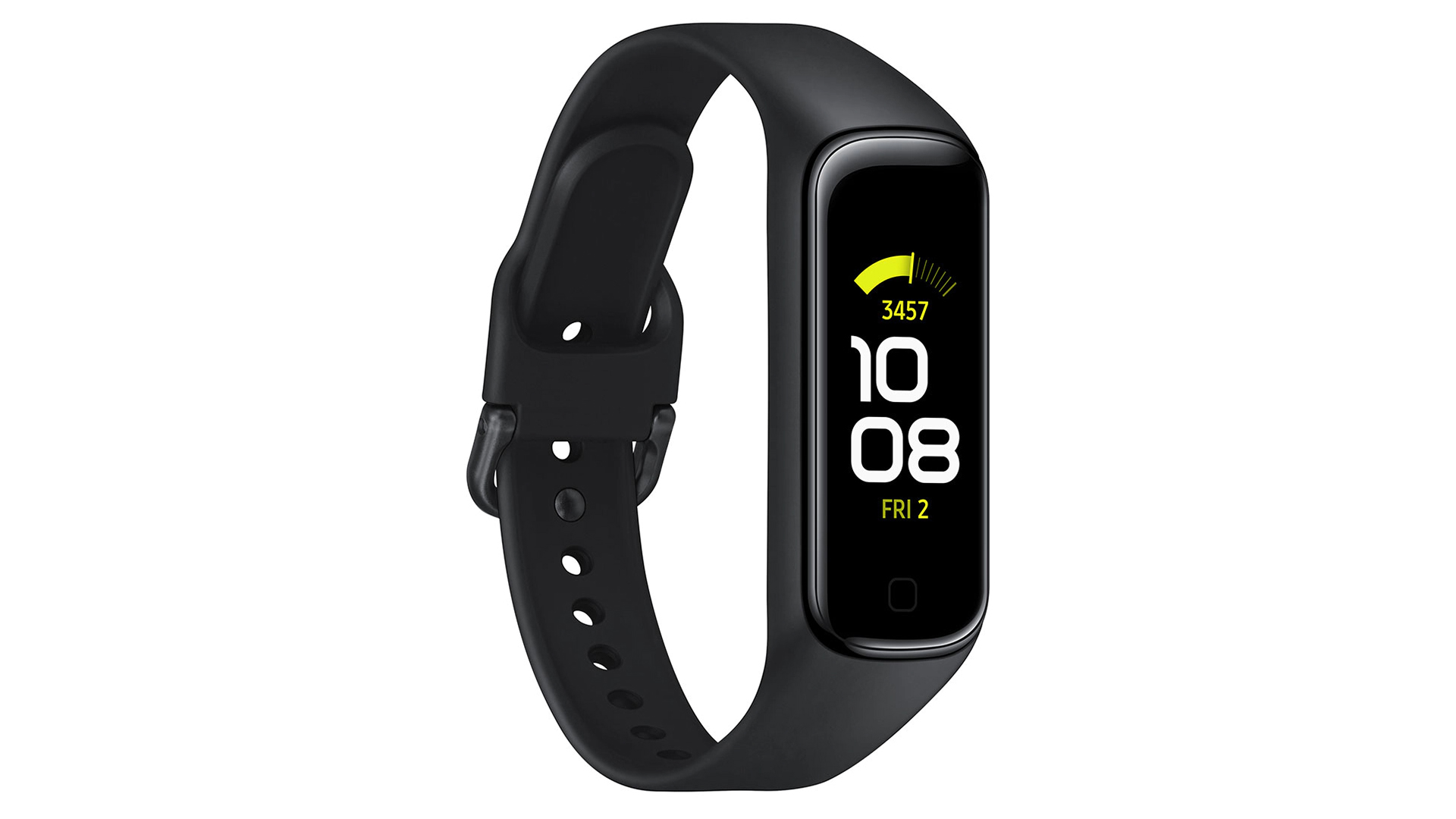 A Samsung Galaxy Fit 2 highlighting the trackers bright display.