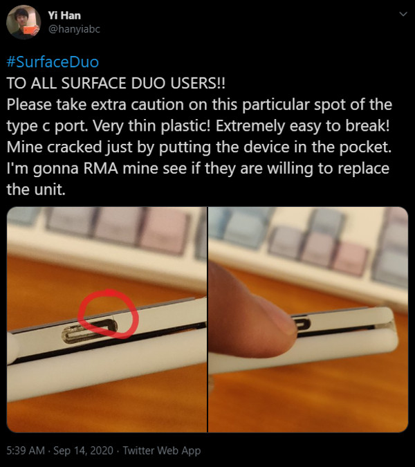 Surface Duo USB port Yi Han Twitter