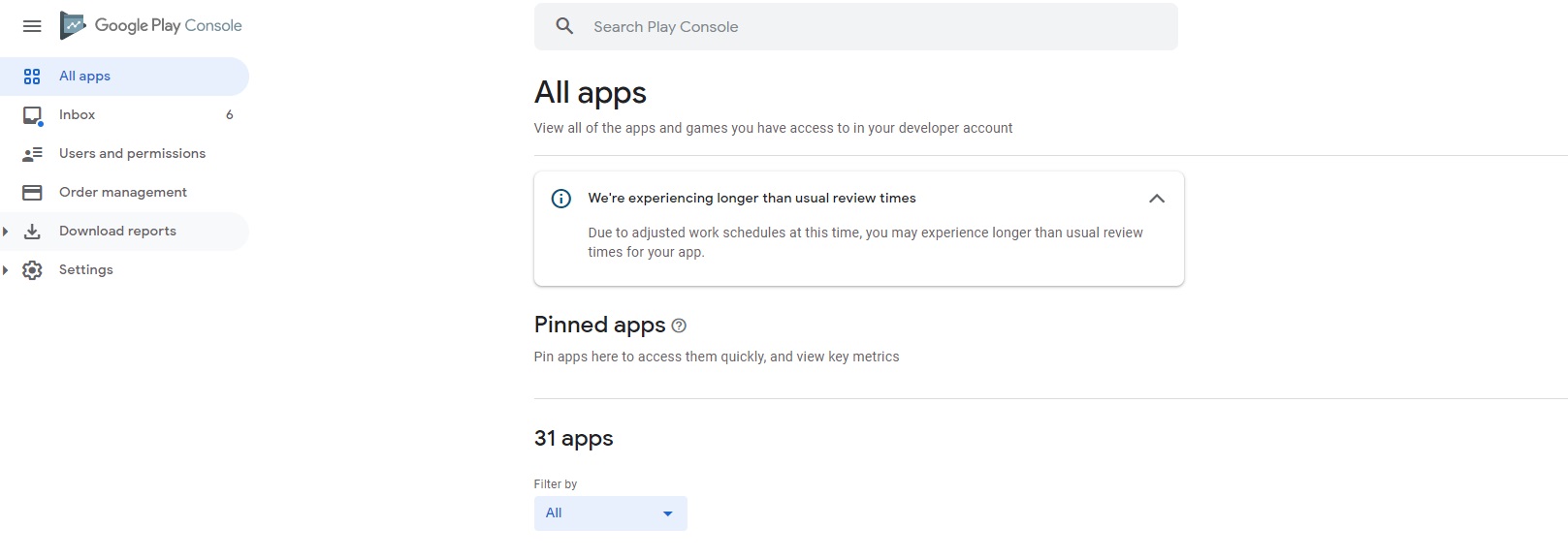 All apps page Play Console