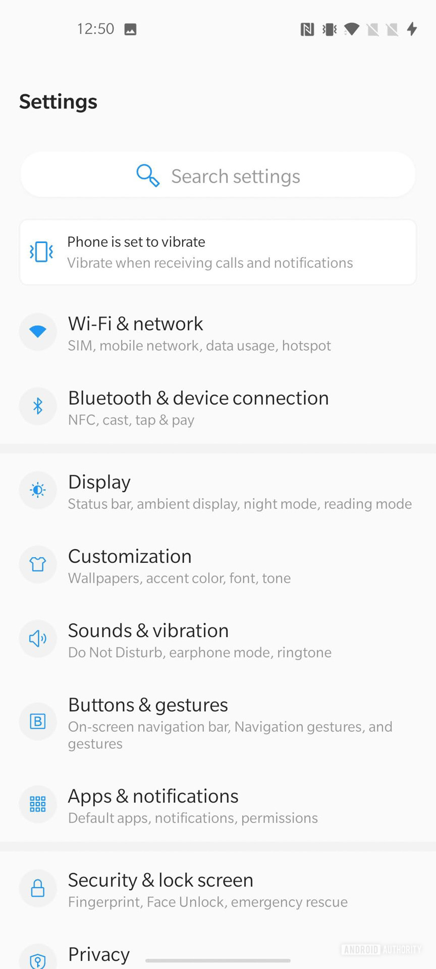 OnePlus Nord N10 5G settings menu