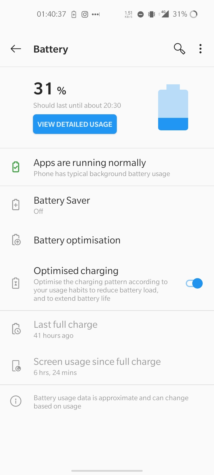 OnePlus Nord N100 battery usage page