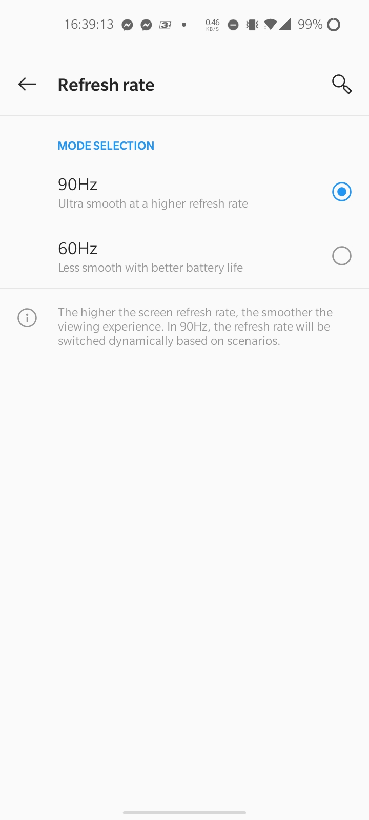 OnePlus Nord N100 refresh rate selection screen