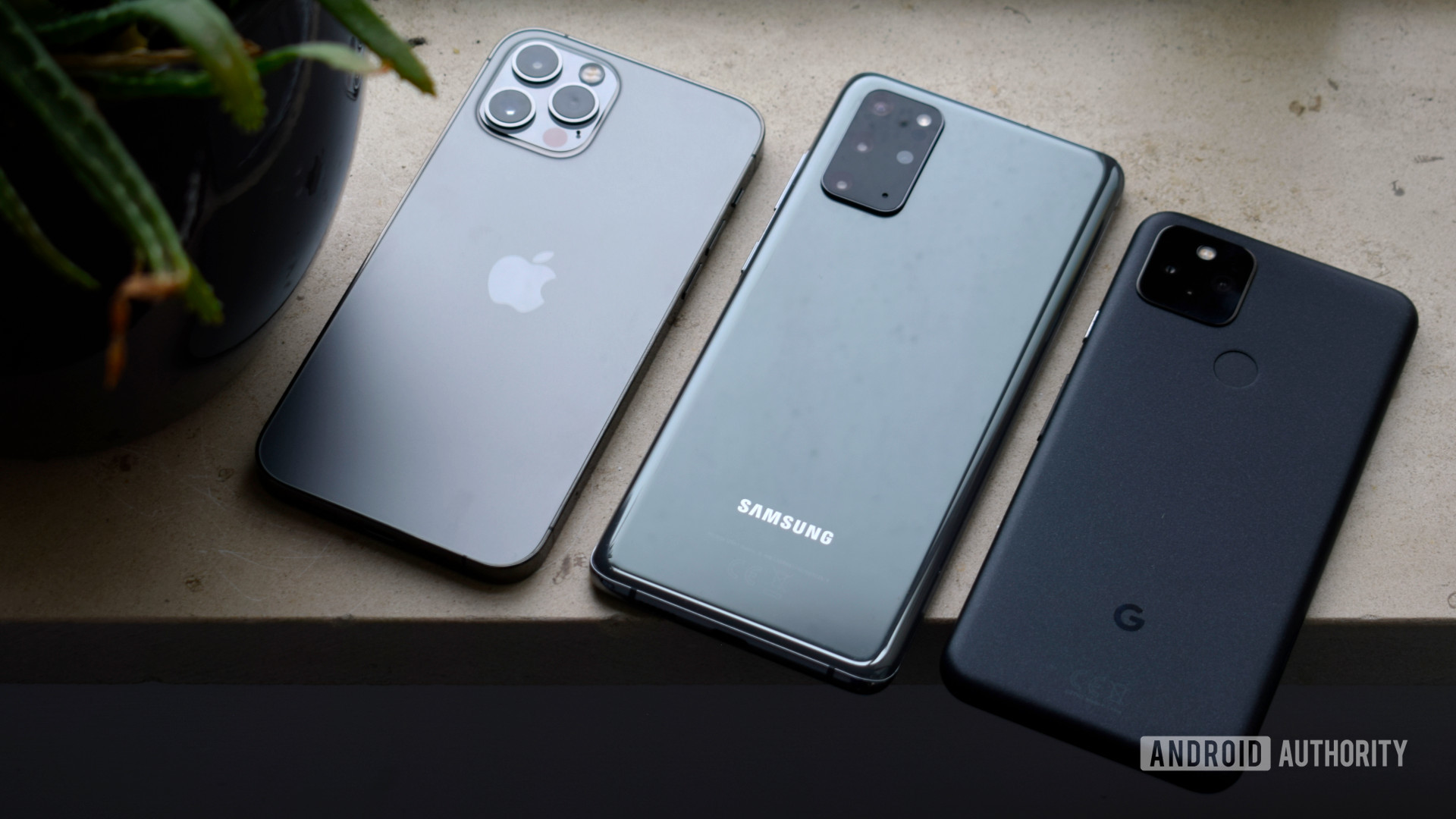Some of the most influential phones: Rear views of the Samsung Galaxy S20 Plus vs Apple iPhone 12 Pro vs Google Pixel 5.