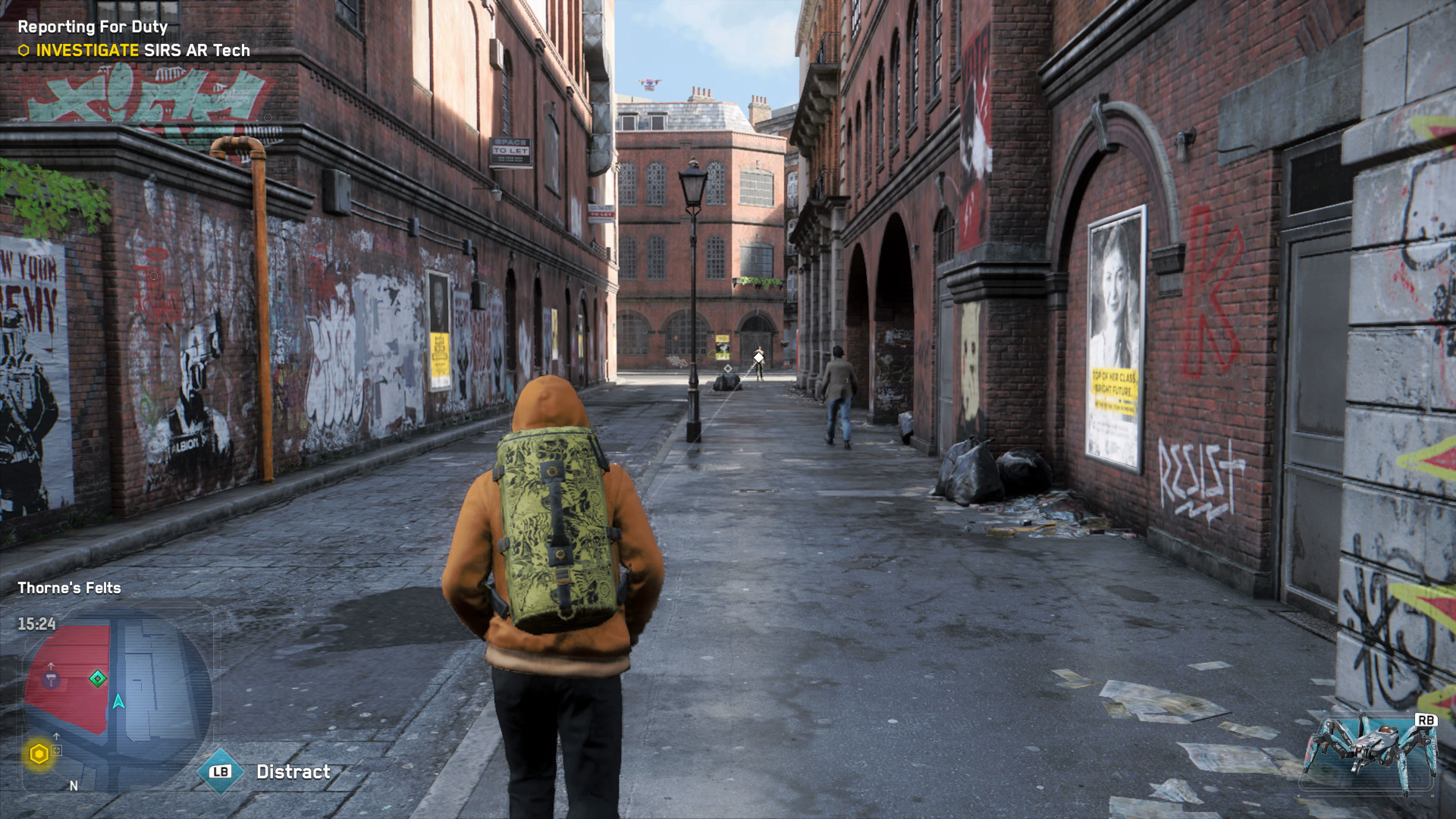 Xbox Series S screenshot of Watchdogs Legion with a character walking down an alley