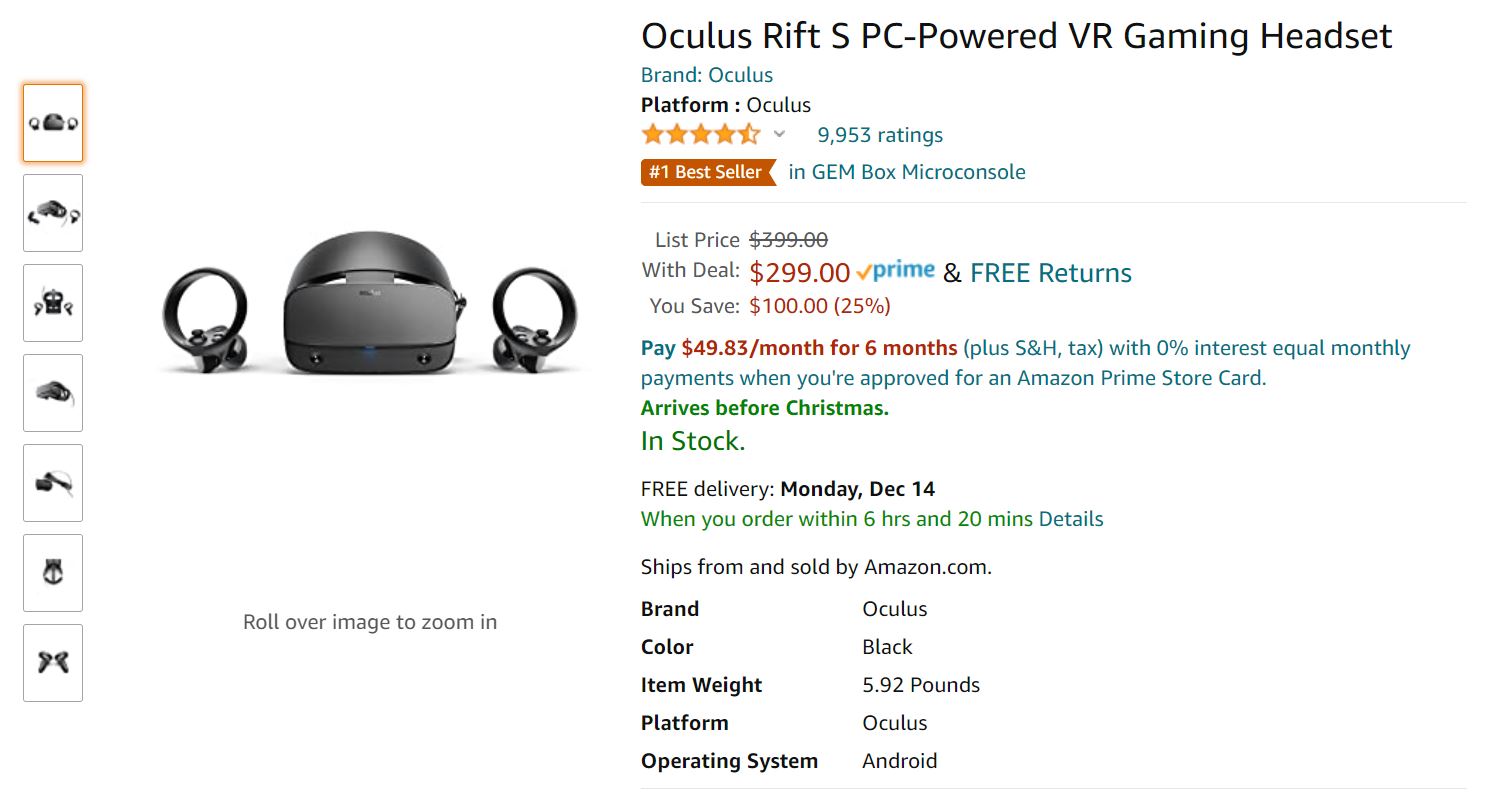 Oculus Rift S PC Powered VR Gaming Headset Amaazon Deal