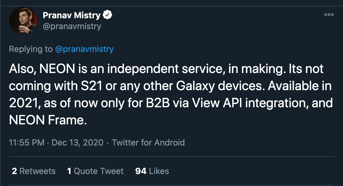 Samsung Neon availability tweet