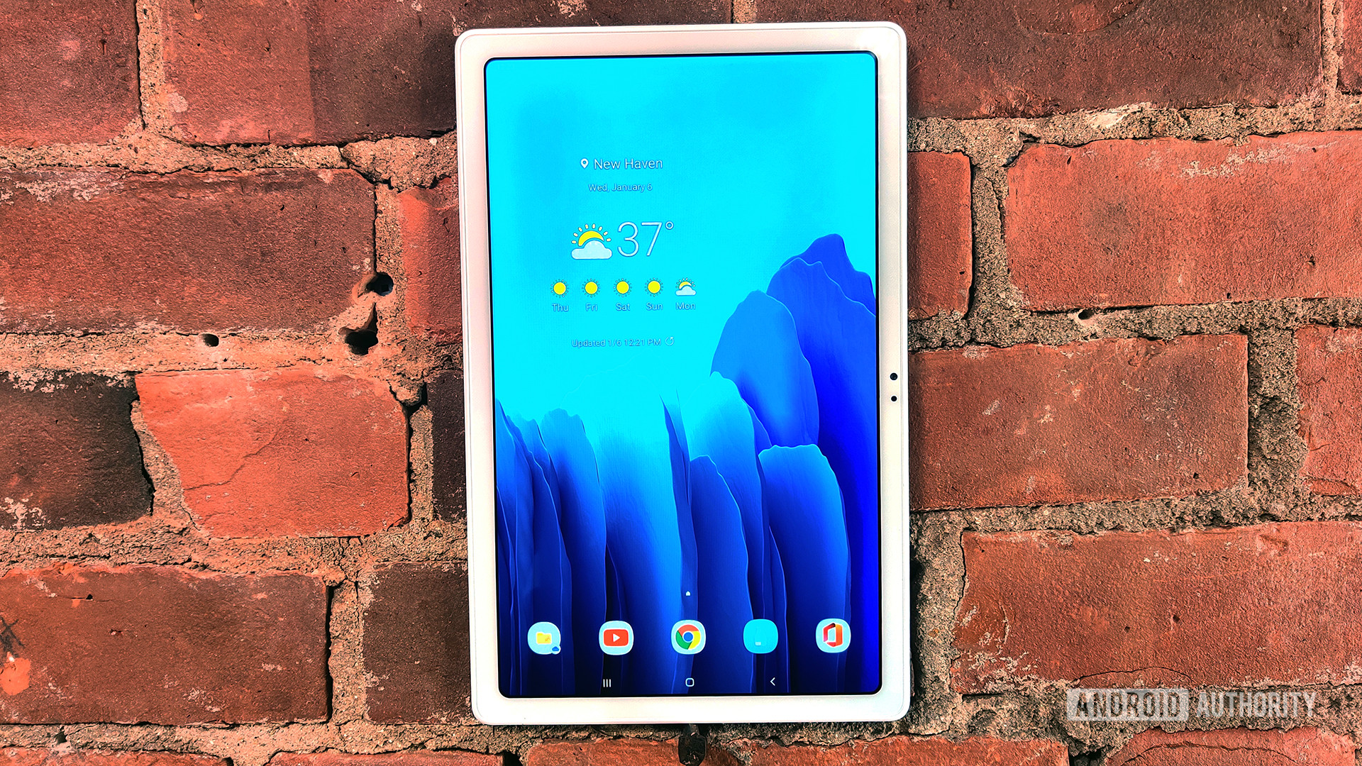 Samsung Galaxy Tab A7 2020 Tablet on Brick Wall