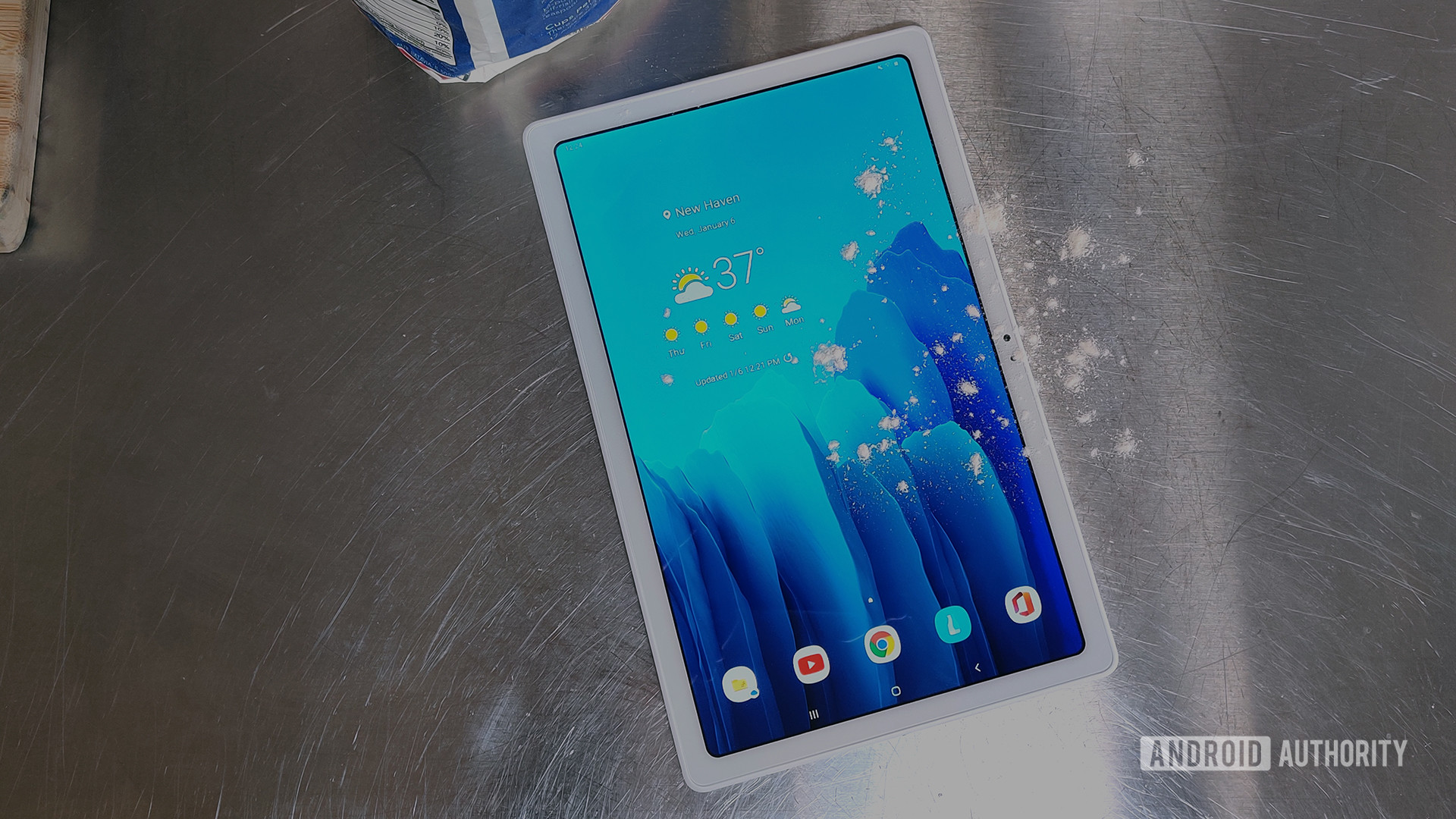 Samsung Galaxy Tab A7 2020 Tablet on Kitchen Counter with Flour