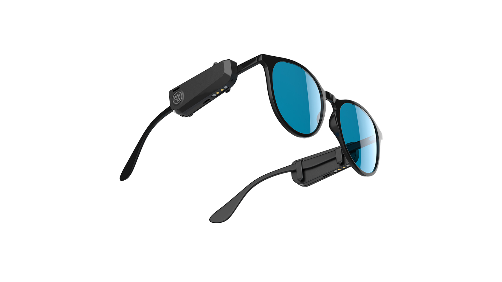 The Jlab Jbuds Frames sunglasses with blue lenses against a white background.