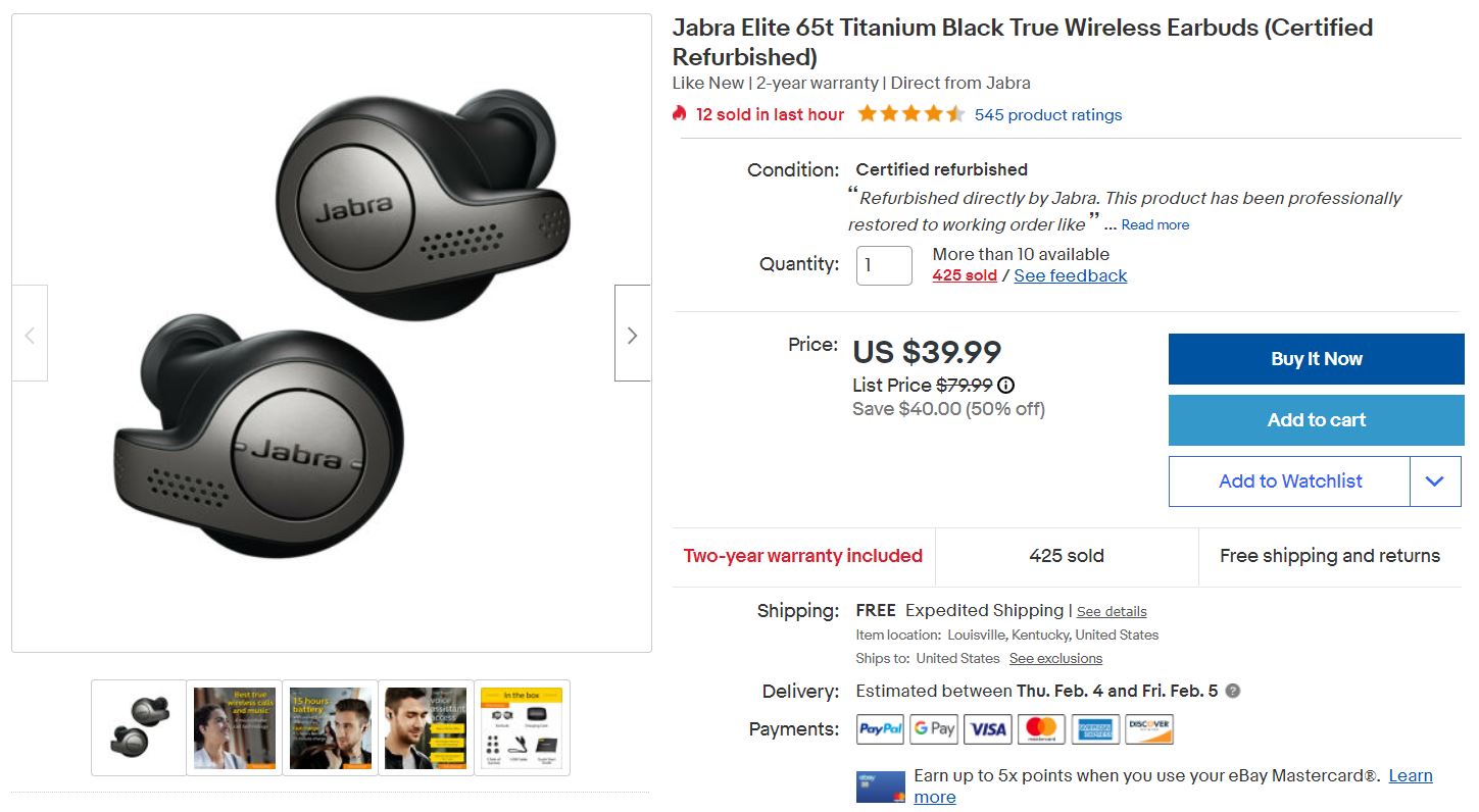 Jabra Elite 65t Titanium Black True Wireless Earbuds Certified Refurbished Ebay Deal