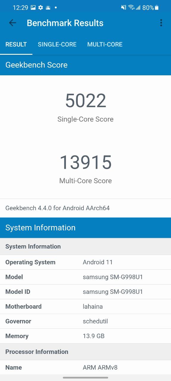 Samsung Galaxy S21 Ultra Geekbench 4 benchmark score
