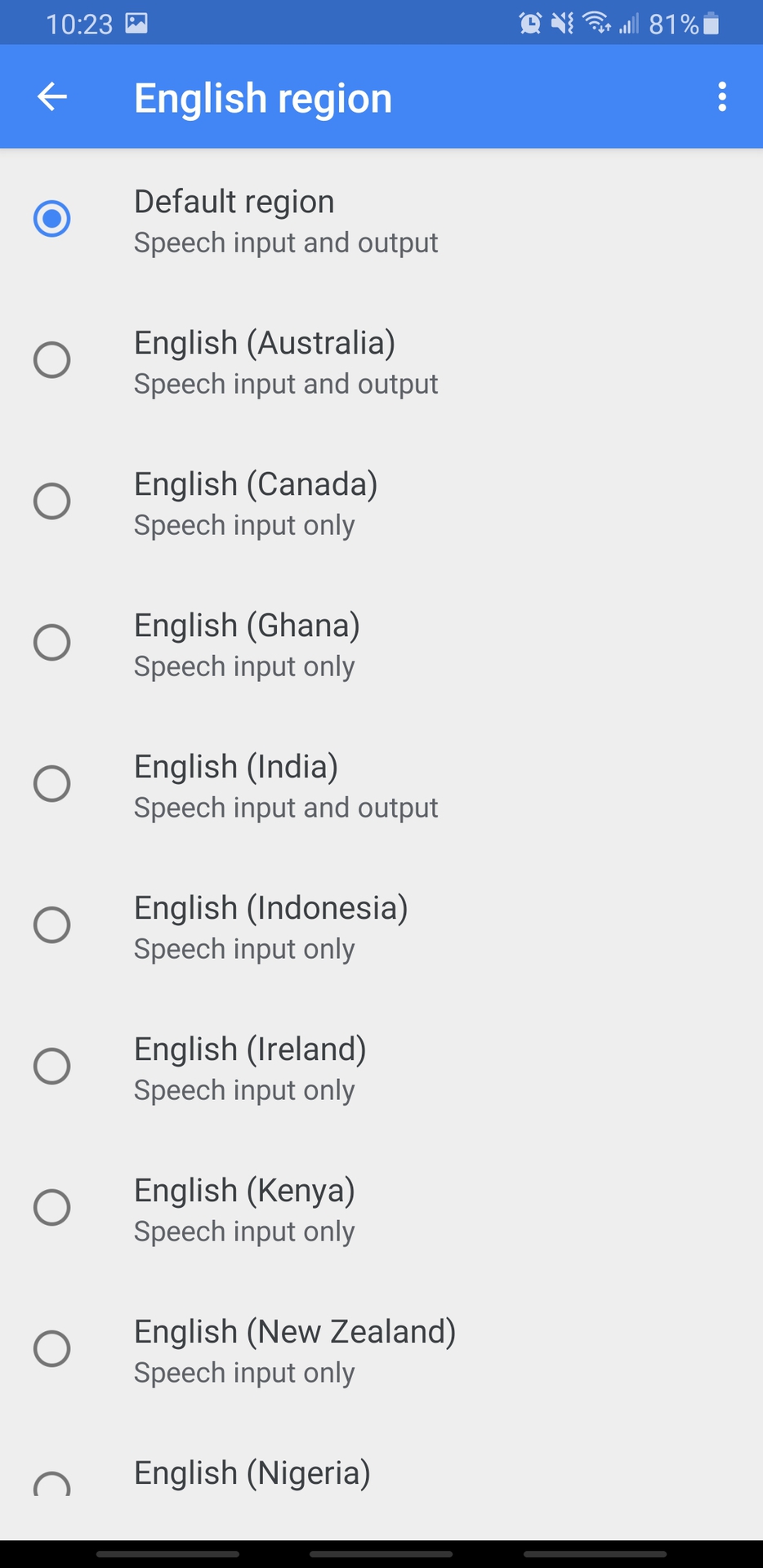 showing different regions of one language in google translate app