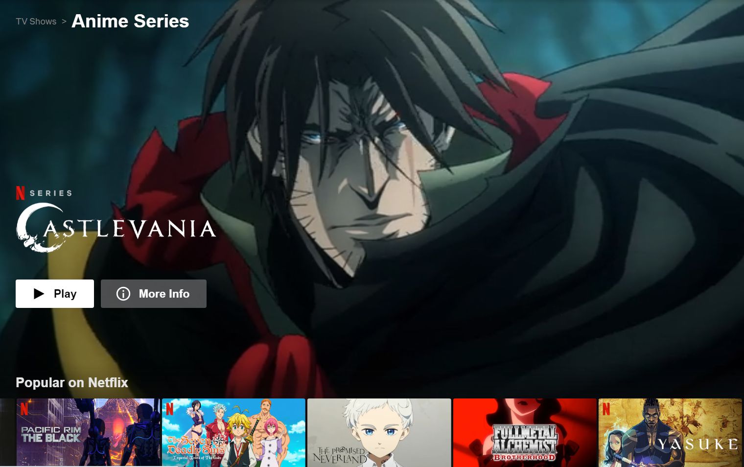 Netflix Anime Series showing Castlevania and other Popular on Netflix titles.