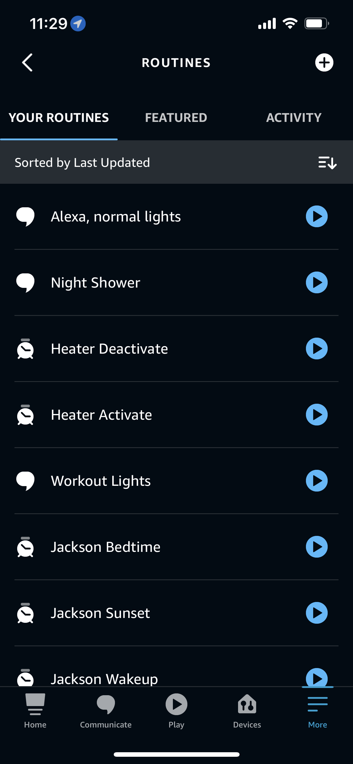 A list of routines in the Alexa app